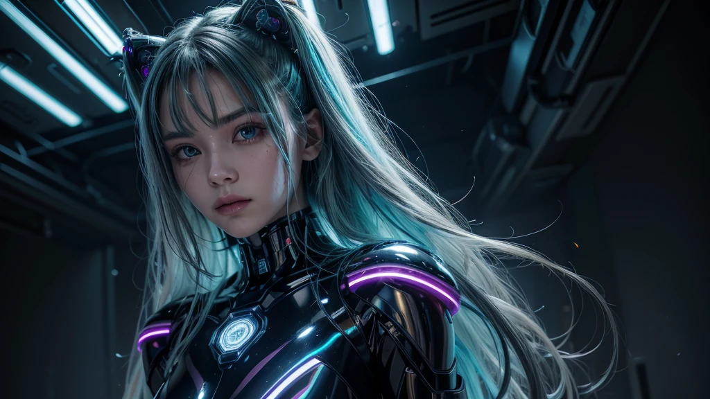 high quality, 8K Ultra HD, full body, have a cyber saber, a mesmerizing 20-year-old woman with a futuristic beauty that seems to transcend time and space, intricately woven into her very being, encased in the cybernetic suit, move with fluidity and precision, Her flowing hair resembles streams of neon lights, casting a vibrant glow that adds a touch of cyberpunk brilliance to her appearance, Each strand of hair is meticulously crafted with holographic patterns that shimmer and shift, creating an ever-changing display of colors, by yukisakura, highly detailed, 