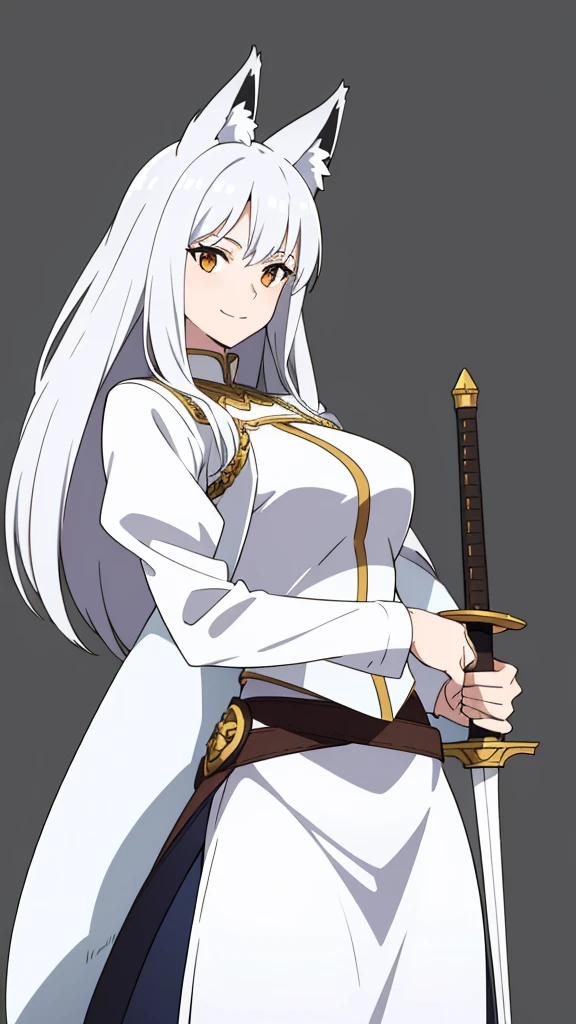 1girl ,solo,20s,mature female,white hair,long hair,fox ears,(simple background),white shirt,white skirt,smile,sword,idle pose,battle pose,left handed,upper body