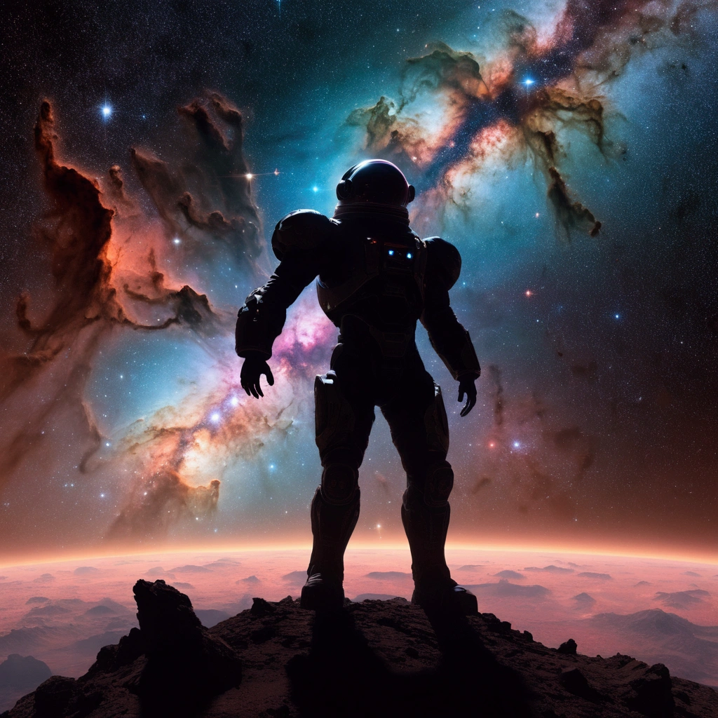 shadow of a space creature in front of a nebula