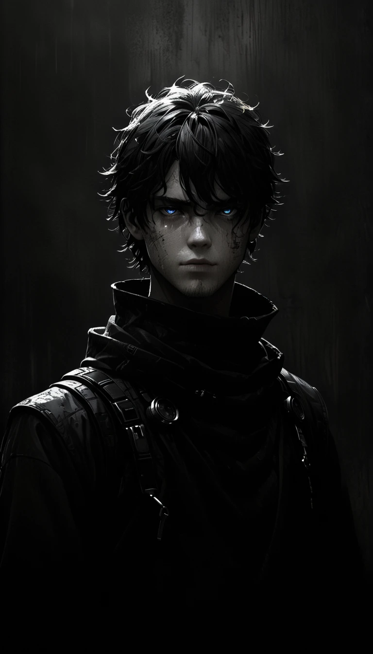 intricate and detailed character portrait of 1 boy, Fantasy character design, cyberpunk, dark and moody lighting, spectacular chiaroscuro lighting, cinematographic composition, Ashley Wood Style, sandy grunge texture, sharp focus, hyper detailed, 8k, (Best Quality:1.2), (photorealistic:1.37)