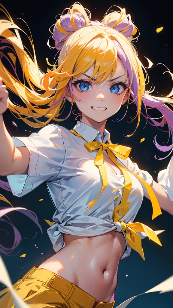 Best quality, Ultra detailed, best quality, insanely detailed, beautiful, masterpiece, 8k, 
break  
Colorful background, refraction Glowing white lines ,Crossing Light,light particles
break 
1lady, purple hair, long hair, high ponytail, (yellow hair ribon on hair:1.2) , blue eyes, ultra detailed eyes, (white shirts:1.5), mooring,( yellow pants:1.1) ,abs, navel, (Shirt with hem tied in front:1.0), Showcasing cleavage,
Break
(Waltz:1.5), upper body, (great joy;1.5), (evil grin:1.2), ,(scowl:1.1), (stare at viewer:1.5), ,(ecstasy:1.3) ,(vulgarity:1.3),(wet:0.8),(drooling:0.6),(sweat:0.8),