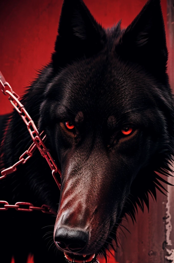 Big bad black wolf with chains on his snout, red eyes, crying red tears, covered in scars with pink blood