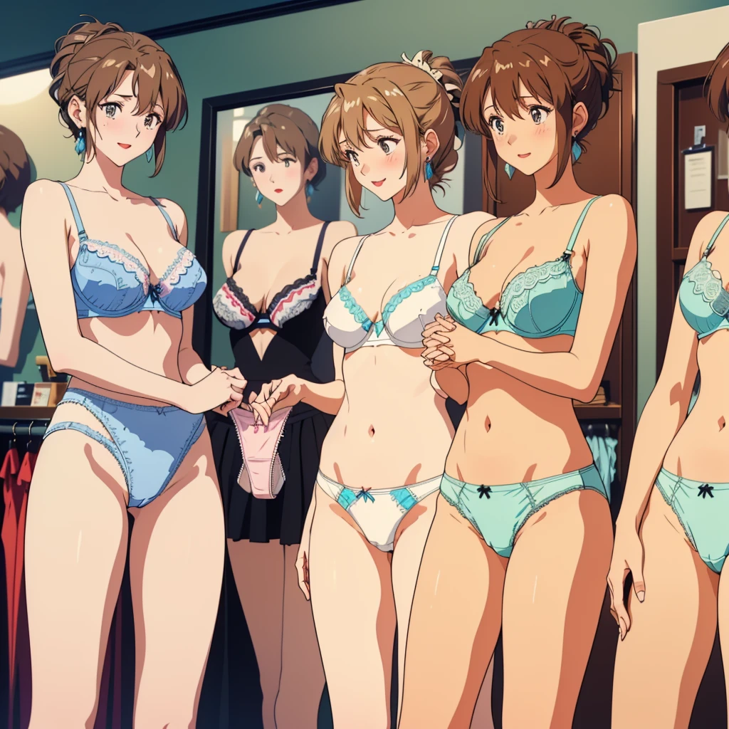 masterpiece, top quality, ultra detailed, ((((AIKA_SUMERAGI, folded ponytail, best anatomy, in underwear, (panties, elaborately designed luxury panties for adults, panties high definition images, draw panties with super precision), lace trimmed bra, extremely detailed texture, earrings, red lip, embarrassed, blush, smile)))), cowboy shot, (((underwear in dressing room))), white skin, (presenting panties), (display panties:1.5),holding panties with both hands
