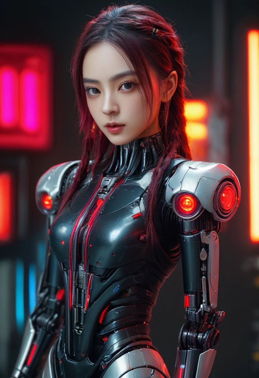 xxmixgirl. Highly detailed professional 35mm film, bokeh, face in sharp focus. A robotic female, Miku, with ((metal skin)), ((perfect Asian eyes)) with magenta irises and ((black pupils)), beautiful serious (detailed face), 18 year old ((photorealistic face)), very long magenta twin tails of magenta hair, twin black hair ties with a single red stripe. She may have a black audio headpiece. We can see her ((full body)) down to her boot soles. Her outfit is a sleeveless collared light grey shirt, outlined in red around the frilled collar and hems. Shiny reflective ((metallic breast cups, dimpleless)), invisible nipples. She wears black sleeves with red hems that start around her upper arm and bellow out as the sleeves open and extend to her wrists, with wide trumpet red rimmed cuffs. She has perfect robotic (detailed hands). She wears a red colored tie with two horizontal solid parallel black lines halfway across. She wears a fabric black skirt with a horizontal red hem at the bottom all the way around; her (((black skirt wraps around her))) and ((her skirt completely covers)) her robotic waist and thighs. Tall black boots with red bottom soles, a red rim around the top at her thighs. Her mechanical shoulder joints are visible. We can see her robotic legs and robotic neck. Half of her is covered with shiny polished machinery. The background is a distant dark neon futuristic Japanese city, gold, cyan, violet neon, near harbor or mountains.