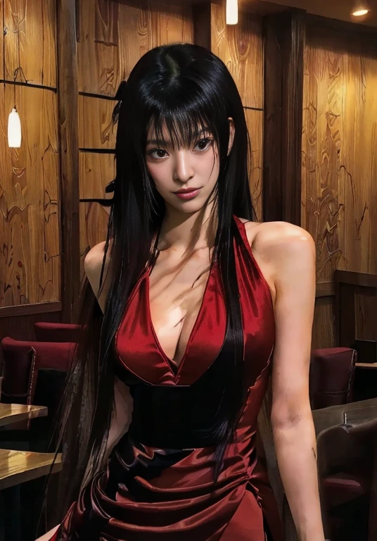 a closeup of a woman in a red dress in a restaurant, in the anime ghost in the shell, revy black lagoon, faye valentin de cowboy bebop, Revy from Black Lagoon, style is a blend of æon flux, seductive anime girl, Rin tohsaka, anime ninja scroll, female anime character, Misato Katsuragi