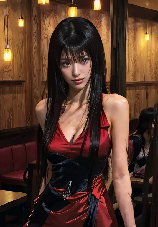 a closeup of a woman in a red dress in a restaurant, in the anime ghost in the shell, revy black lagoon, faye valentin de cowboy bebop, Revy from Black Lagoon, style is a blend of æon flux, seductive anime girl, Rin tohsaka, anime ninja scroll, female anime character, Misato Katsuragi