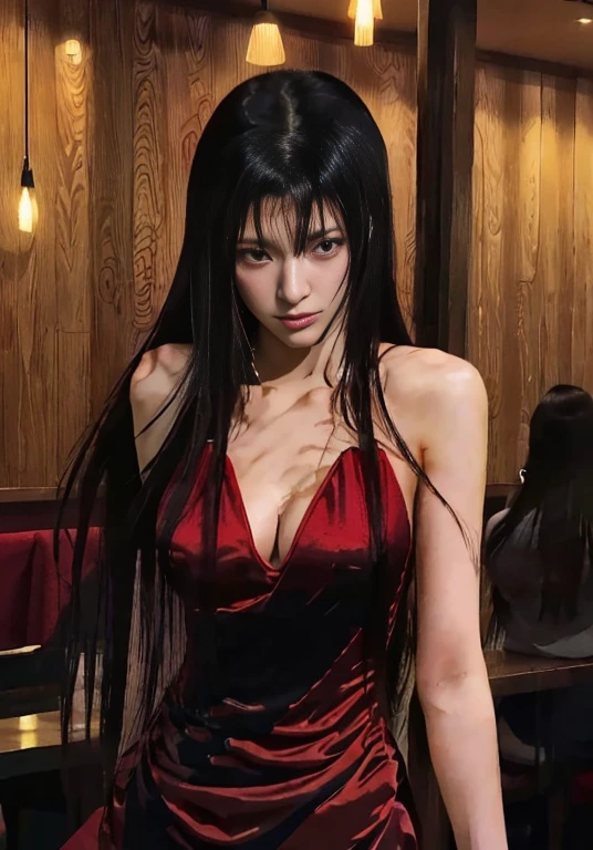 a closeup of a woman in a red dress in a restaurant, in the anime ghost in the shell, revy black lagoon, faye valentin de cowboy bebop, Revy from Black Lagoon, style is a blend of æon flux, seductive anime girl, Rin tohsaka, anime ninja scroll, female anime character, Misato Katsuragi