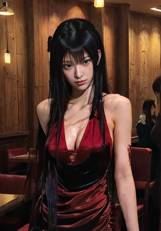 a closeup of a woman in a red dress in a restaurant, in the anime ghost in the shell, revy black lagoon, faye valentin de cowboy bebop, Revy from Black Lagoon, style is a blend of æon flux, seductive anime girl, Rin tohsaka, anime ninja scroll, female anime character, Misato Katsuragi