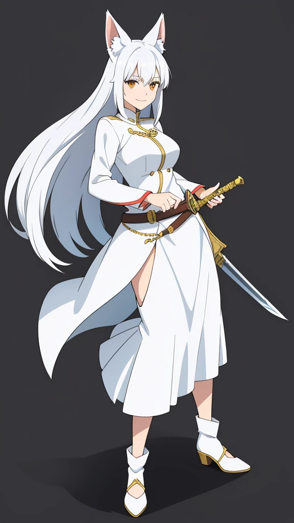 1girl ,solo,20s,mature female,white hair,long hair,fox ears,(simple background),white shirt,white skirt,smile,sword,battle pose,left handed