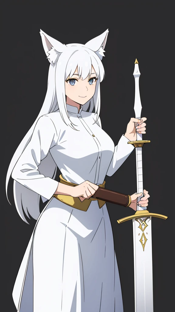 1girl ,solo,20s,mature female,white hair,long hair,fox ears,(simple background),white shirt,white skirt,smile,sword,battle pose,left handed