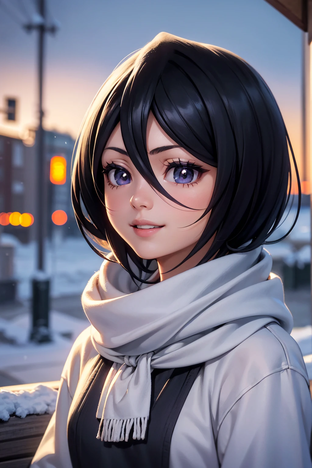 rich in detail:1.5, high resolution, Natural strokes and colors, natural lighting, face detailed, detailed hair, eye detailed, detailed nose, detailed lips. an adult and beautiful girl:1.9, wearing a sweatshirt, wearing a scarf, snowy city, with short black hair, and with a smile rukia kuchiki.