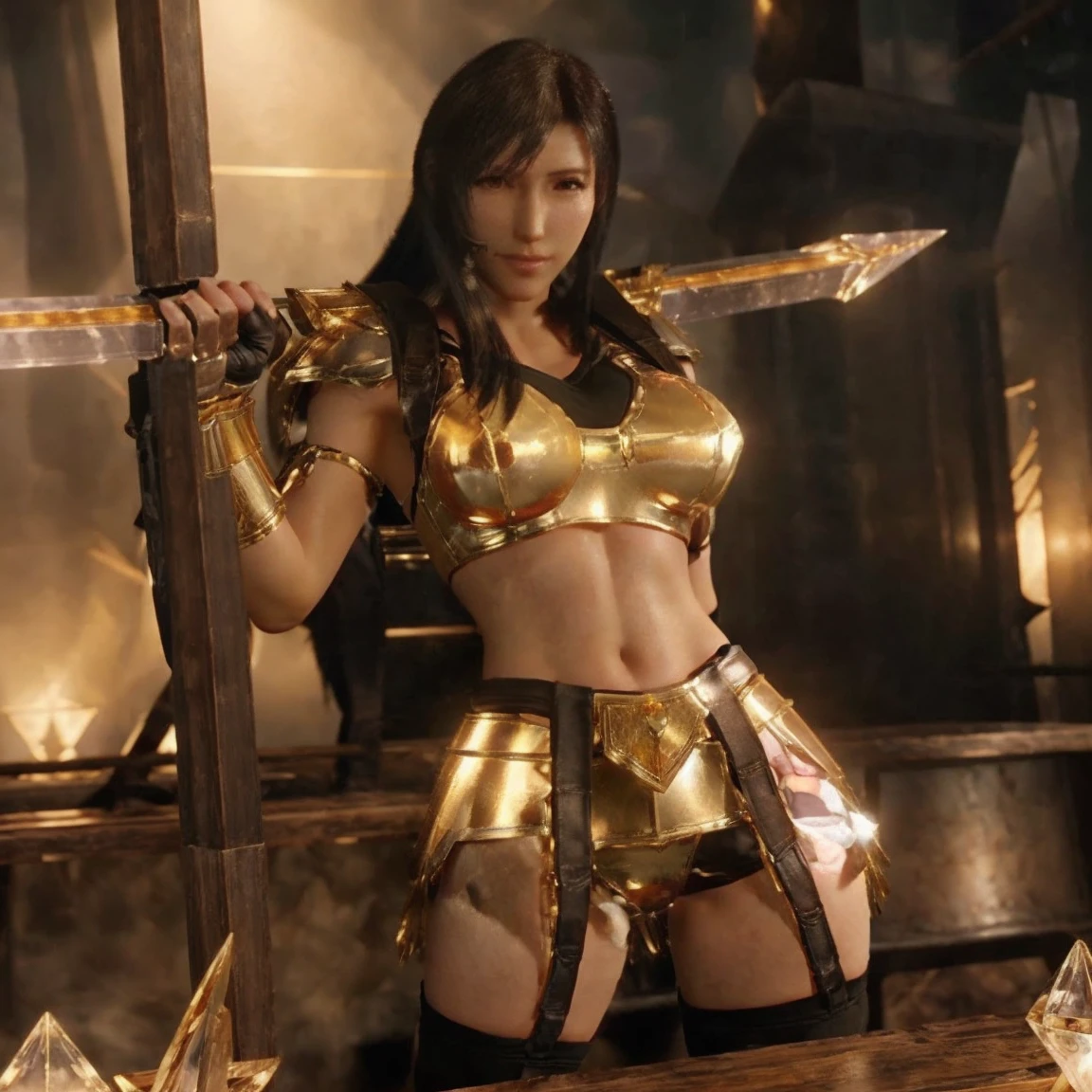 Tifa dressed as a sexy warrior with transparent golden crystal armor and a crystal sword, uncovered body, round ass, big breasts