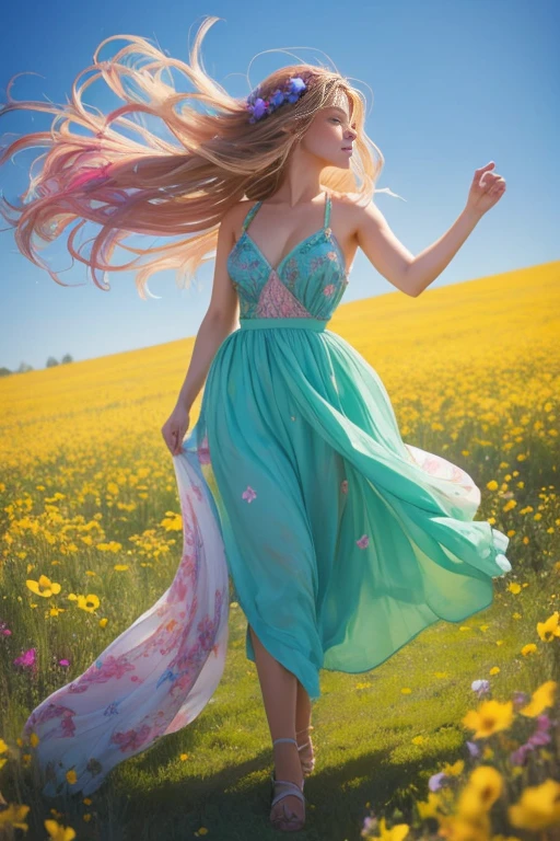 A whimsical girl with long, flowing hair made of flowers, dancing in a field of vibrant colors. Rendered in a dreamy, watercolor style.