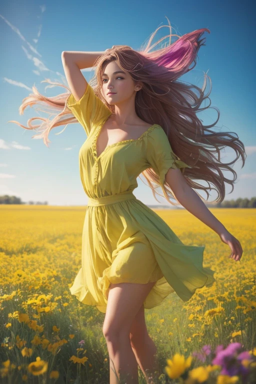 A whimsical girl with long, flowing hair made of flowers, dancing in a field of vibrant colors. Rendered in a dreamy, watercolor style.