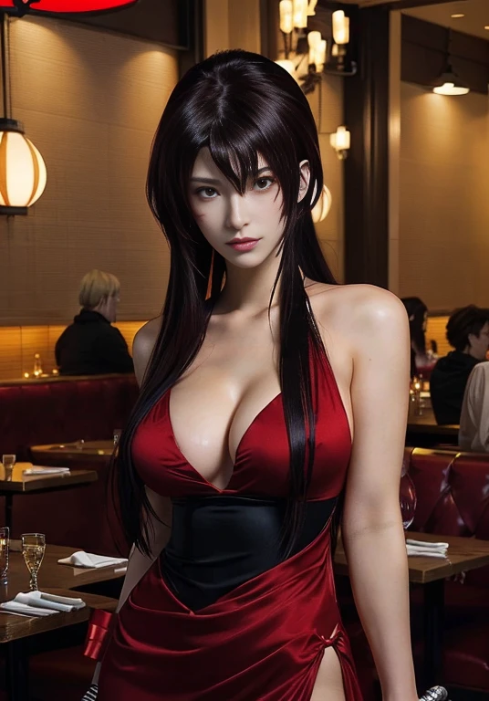 nagisa, haigure pose, open hands, standing, spread legs, NSFW, ultra realistic 8k cg, flawless, masterpiece, solo, 1girl, casino, rich, night dress, cutout, necklace, earring, golden, face focus, gleaming skin, elbow gloves, cleavage, shiny dress