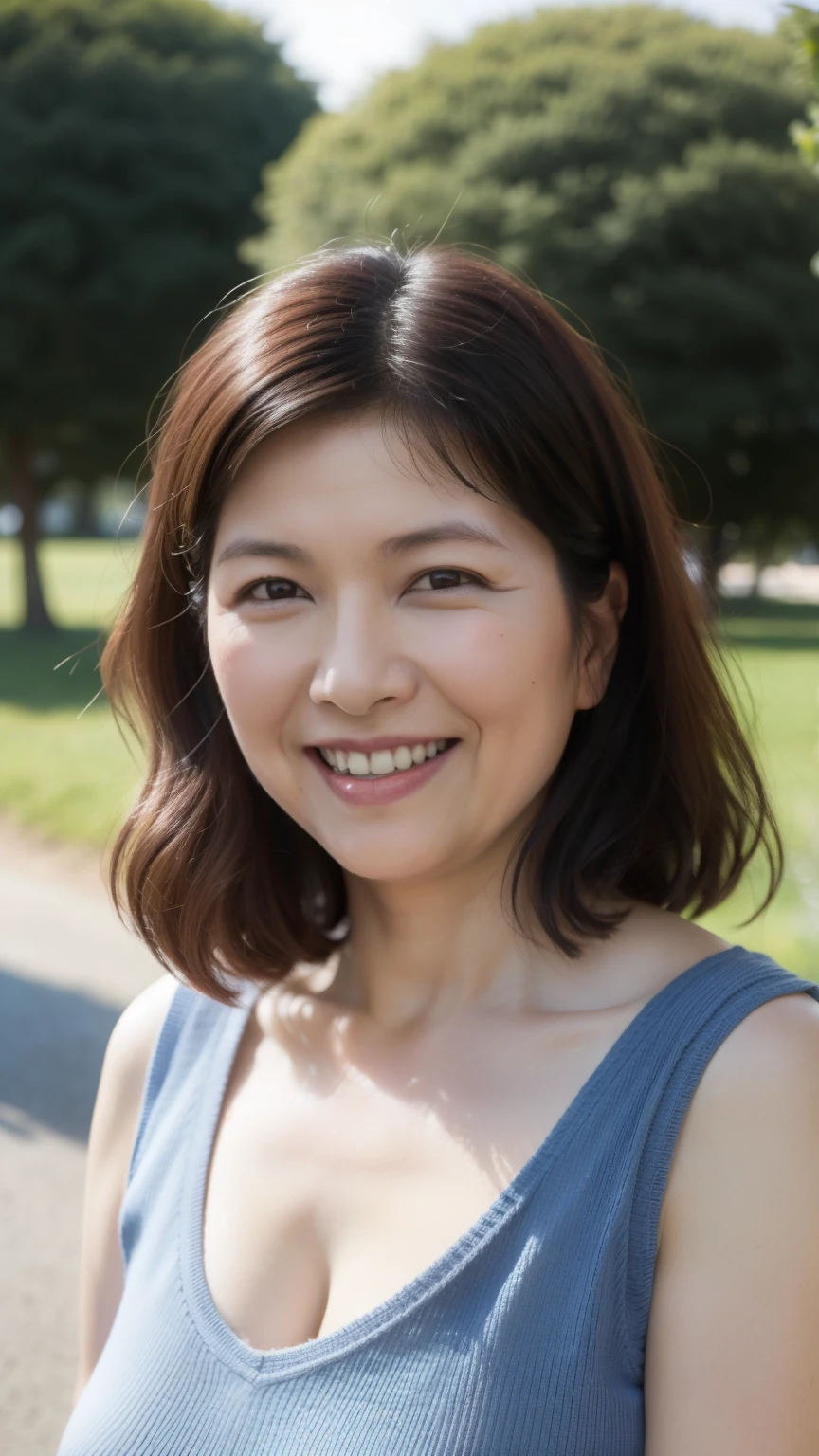 最high quality, In 8K, Overall image, Genuine, Sharp focus, high quality, High resolution, Detailed face, fine grain, Thick lips, Background Blur, alone, Middle-aged women, , 65 years old, , Wavy Hair, Cleavage, Wearing a plain short-sleeved knit, Standing in the park, Wrinkles around the eyes, Smiling with teeth showing