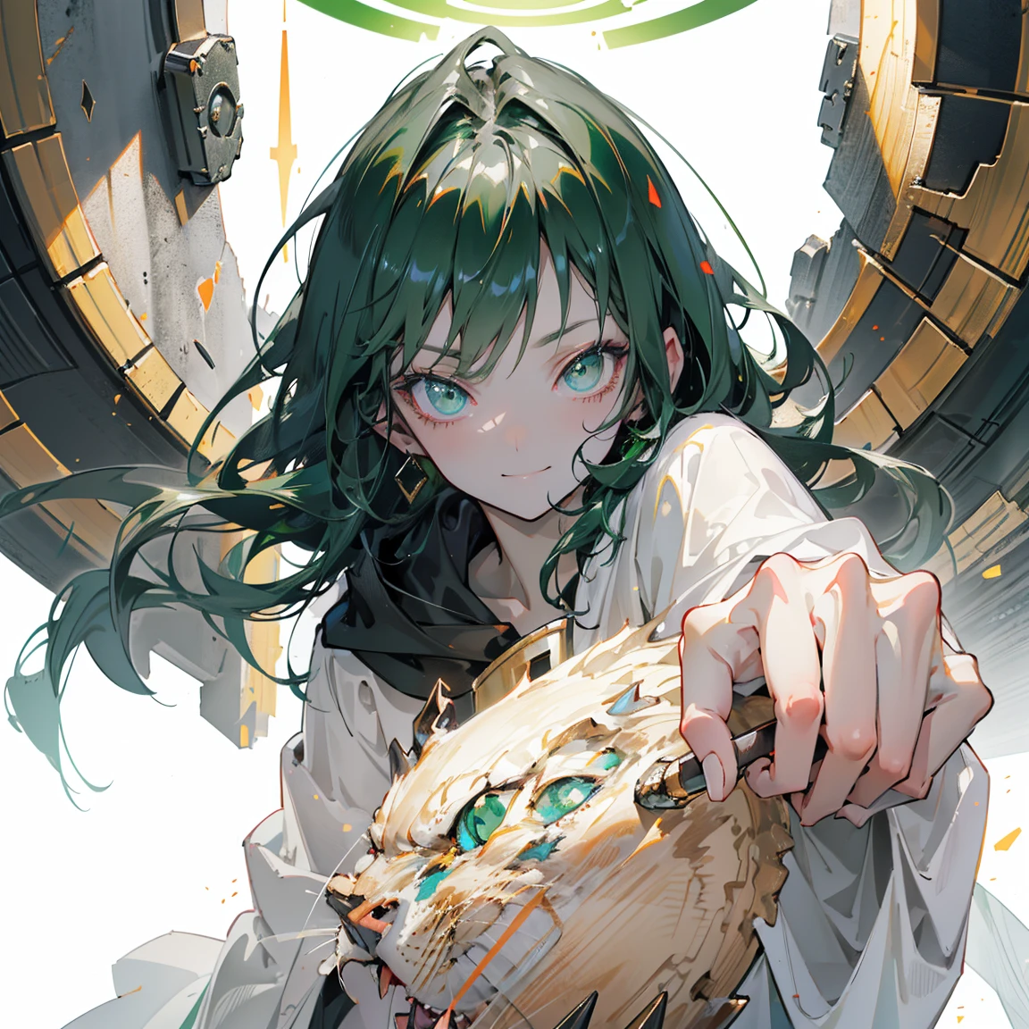 dark green hair pale green eyes. in short dark green shorts. long white T-shirt. dark green knee-high socks. a white long robe with a hood flutters in the wind. black ancient stone walls of the castle green light from lamps with gold ornaments, heterochromia, long curly hair, pale skin, I look at the viewer, closed mouth, bright smile, Beautiful, extremely detailed eye, Absolutely amazing art, extremely detailed, Digital art of the highest quality, full length,