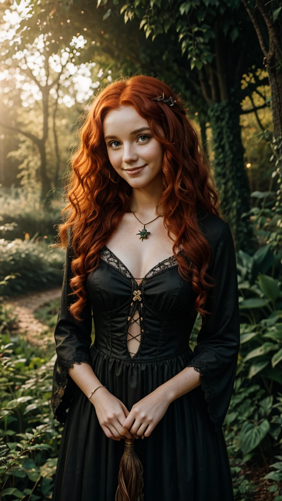 A 25-year-old realistic witch woman with curly red hair and a slight smile stands in a magical, enchanted garden under soft natural light