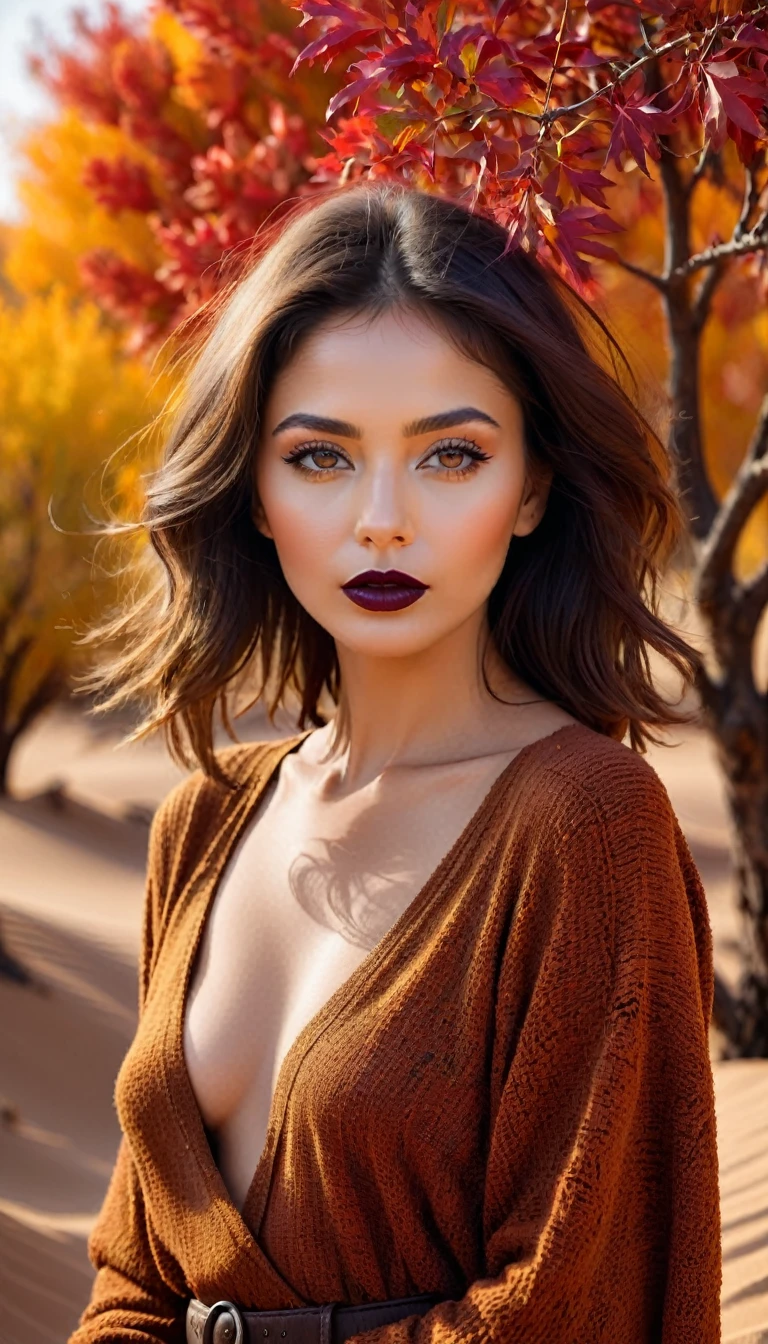 She is Feeling lonely, , ,Autumn desert, safe me, colorful trees, close up portrait, lovely face, perfect body, dark lips
