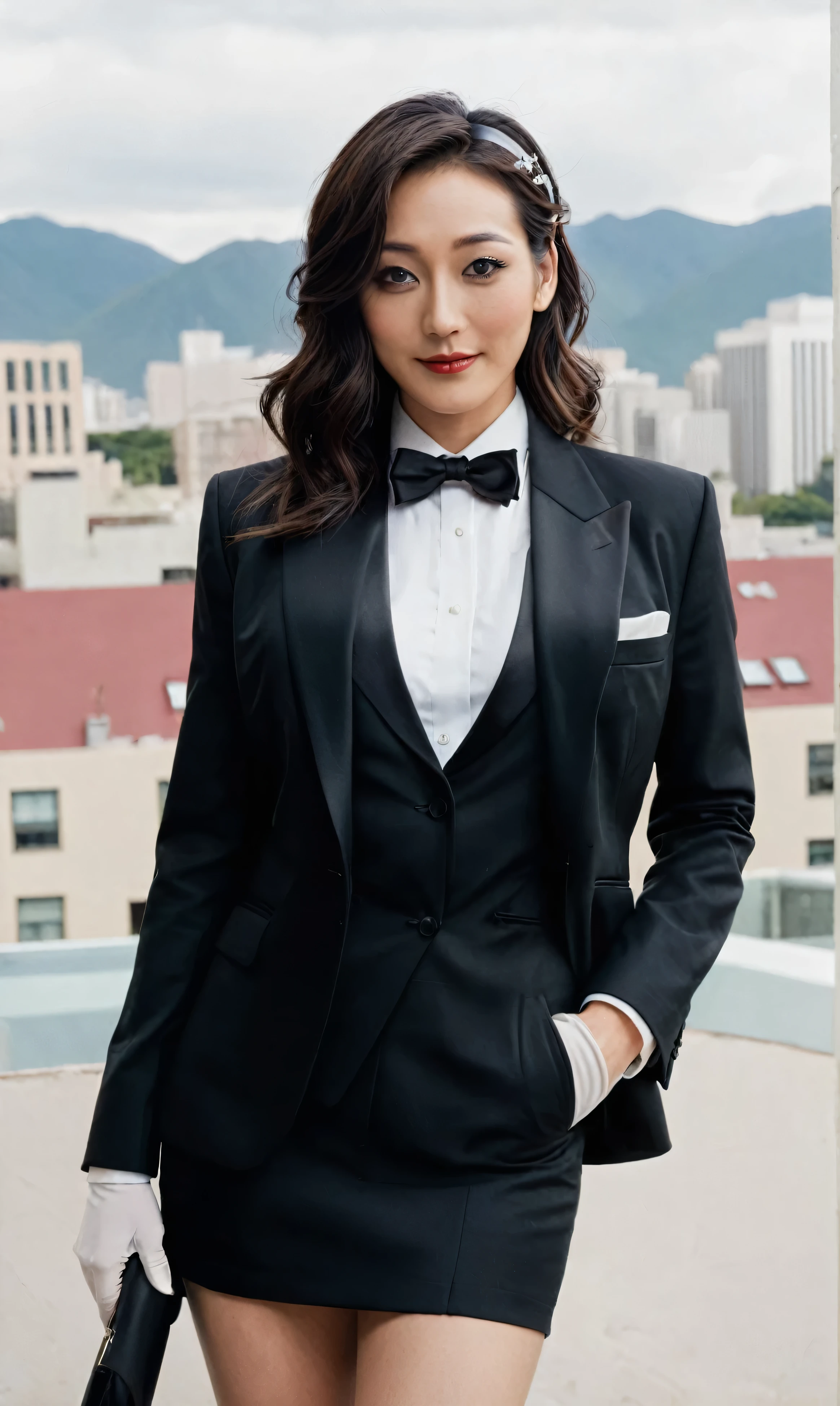 a beautiful picture of fukuharaXL ,woman,detailed skin texture,masterpiece, photorealistic, light, RAW color photo,(fully in frame:1.1), (blush:0.5), (goosebumps:0.5),(((black silk skirt suit))), (((three-piece suit))), (((tuxedo))), (((dress shirt))), (((black bowtie))), (((black blazer))), (((dinner jacket))), (((waistcoat))), double-breasted waistcoat, (((bodycon miniskirt))), pocket square, cufflinks, white gloves,detailed face,outdoors, (smile:0.5), film grain,cinematic lightning,fujifilm ,detailed eyes,camera, smile, office background, hair down, makeup, lipstick, mascara, eyeliner, eyeshadow, silky glossy hair, high heels, pinup pose, slender figure