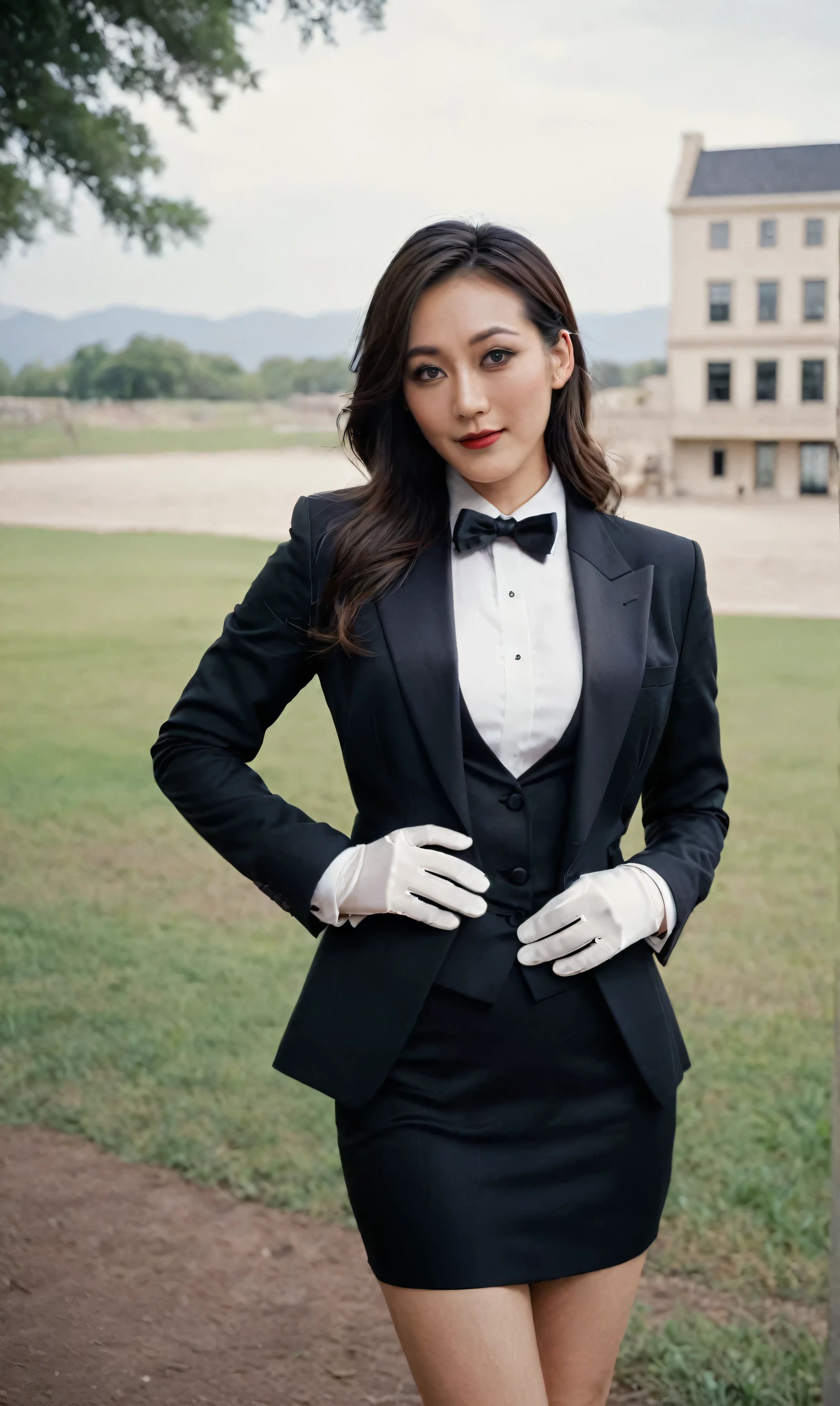 a beautiful picture of fukuharaXL ,woman,detailed skin texture,masterpiece, photorealistic, light, RAW color photo,(fully in frame:1.1), (blush:0.5), (goosebumps:0.5),(((black silk skirt suit))), (((three-piece suit))), (((tuxedo))), (((dress shirt))), (((black bowtie))), (((black blazer))), (((dinner jacket))), (((waistcoat))), double-breasted waistcoat, (((bodycon miniskirt))), pocket square, cufflinks, white gloves,detailed face,outdoors, (smile:0.5), film grain,cinematic lightning,fujifilm ,detailed eyes,camera, smile, office background, hair down, makeup, lipstick, mascara, eyeliner, eyeshadow, silky glossy hair, high heels, pinup pose, slender figure