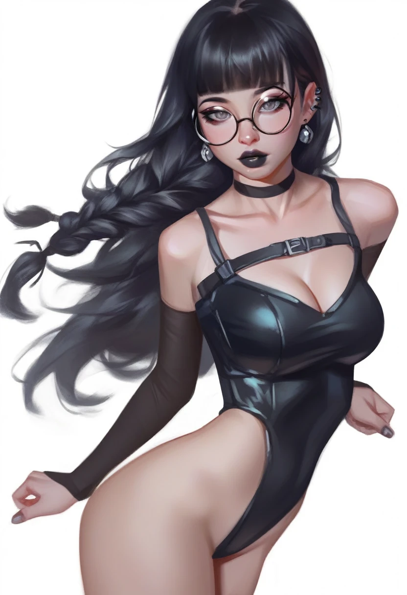 smudgy, traditional art, liu2, brush texture, score_9, score_8_up, score_7_up, 1girl, black hair, braids, straight hair, long hair, grey eyes, thick lips, small, long eyelashes, half-closed eyes, black-framed eyewear, round eyewear, black choker, blunt bangs, adult, black eyeliner, large breasts, ear piercing, black lips, grey eyeshadow, looking at viewer, BREAK solo, standing, adult, skinny, highleg, arched back, thigh gap, BREAK (white background:1.2), simple background, dynamic pose, dynamic angle, angled shot,