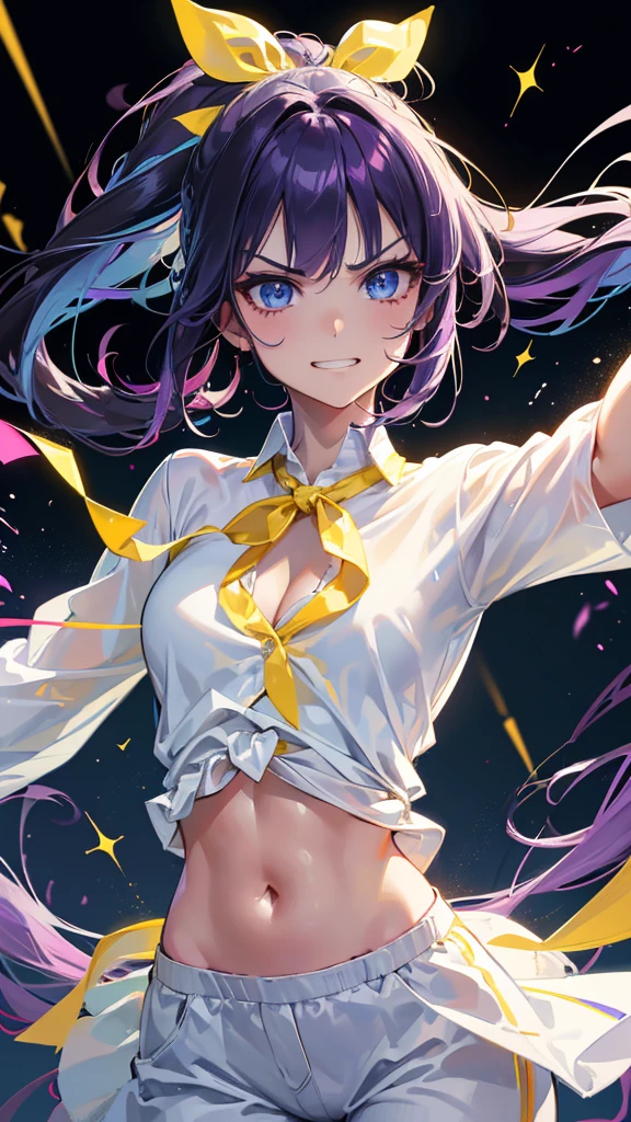 Best quality, Ultra detailed, best quality, insanely detailed, beautiful, masterpiece, 8k,
break
Colorful background, refraction Glowing white lines ,Crossing Light,light particles
break
1lady, purple hair, long hair, high ponytail, (hair ribon :1.2) , yellow ribon, ribon on hair, blue eyes, ultra detailed eyes, (white shirts:1.5), mooring,( yellow pants:1.1) ,abs, navel, (Shirt with hem tied in front:1.0), Showcasing cleavage,
Break
(Waltz:1.5), upper body, (great joy;1.5), (evil grin:1.2), ,(scowl:1.1), (stare at viewer:1.5), ,(ecstasy:1.3) ,(vulgarity:1.3),(wet:0.8),(drooling:0.6),(sweat:0.8),
