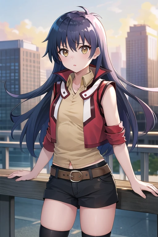 Super masterpiece,Ultra high quality, Ultra-high resolution,Anime Art, A beautiful girl, Cowboy Shot,Long Hair, Red jacket, Collared shirt, Yellow Shirt, No sleeve, belt, Black shorts, Black knee socks, Are standing,