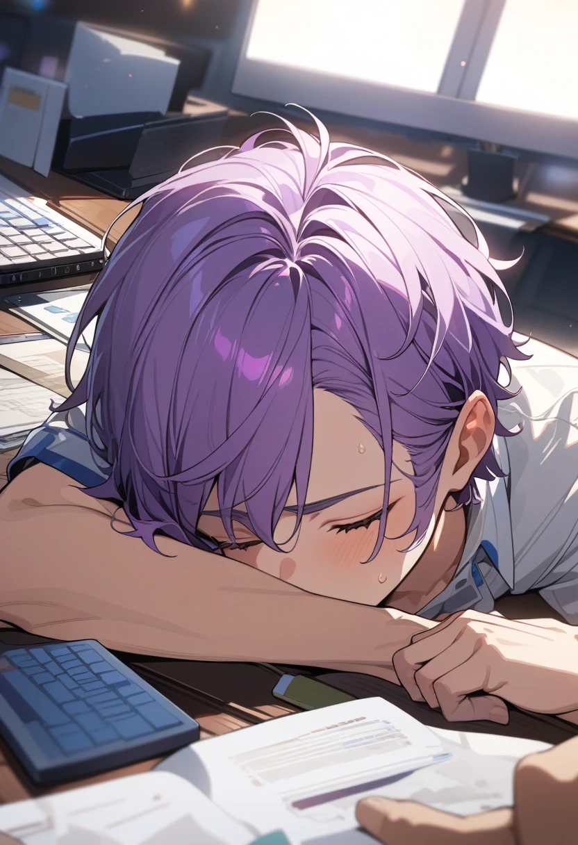 masterpiece, best quality, Extremely detailed, Extremely detailed, Flat anime, 2D,
((1 boy)),Purple Hair, (short hair:1.5),With eyes closed,(young people:1.2), Ear-length sideburns,Fell asleep on the computer desk，The dim light shines on his face