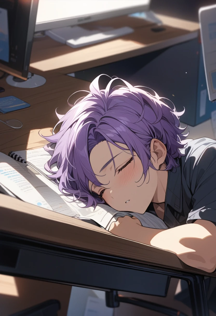 masterpiece, best quality, Extremely detailed, Extremely detailed, Flat anime, 2D,
((1 boy)),Purple Hair, (short hair:1.5),With eyes closed,(young people:1.2), Ear-length sideburns,Fell asleep on the computer desk，The dim light shines on his face