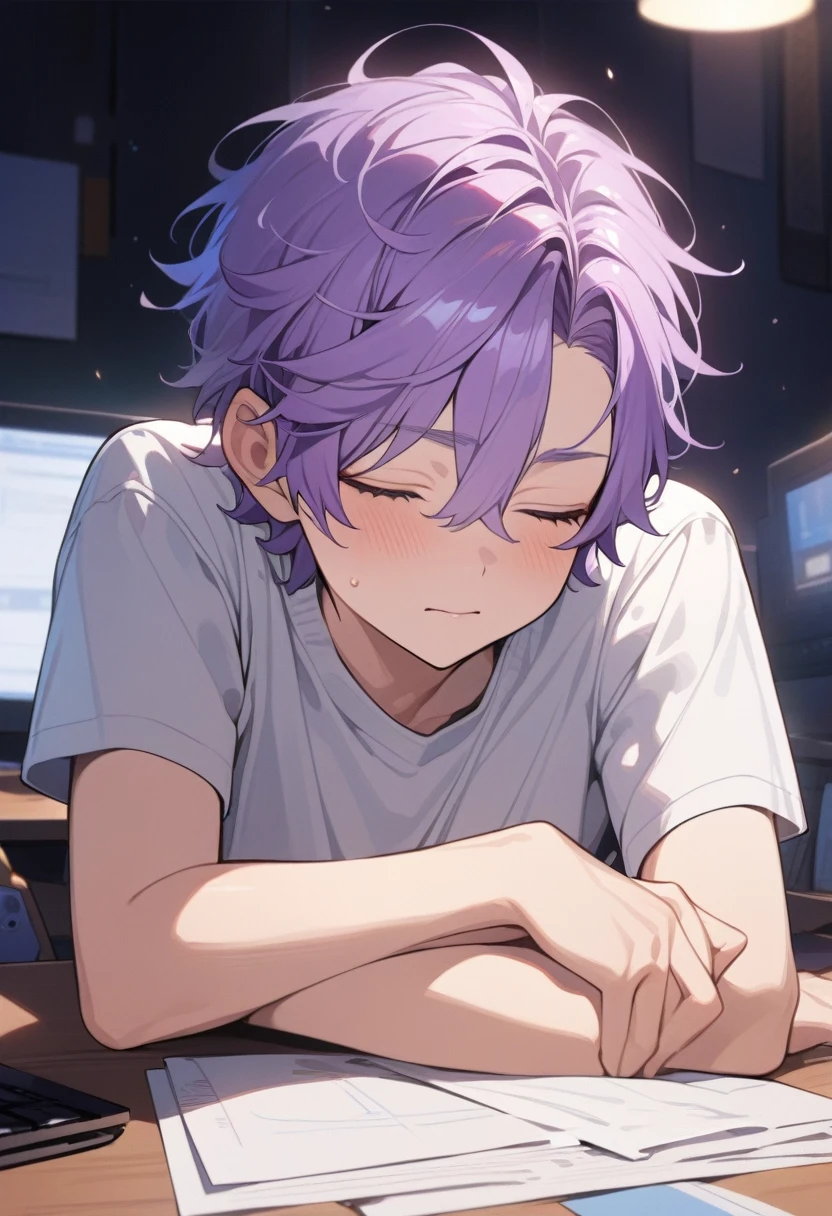 masterpiece, best quality, Extremely detailed, Extremely detailed, Flat anime, 2D,
((1 boy)),Purple Hair, (short hair:1.5),With eyes closed,(young people:1.2), Ear-length sideburns,Fell asleep on the computer desk,The dim light shines on his face
