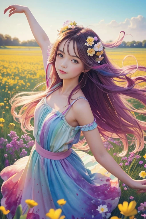 A whimsical girl with long, flowing hair made of flowers, dancing in a field of vibrant colors. Rendered in a dreamy, watercolor style.