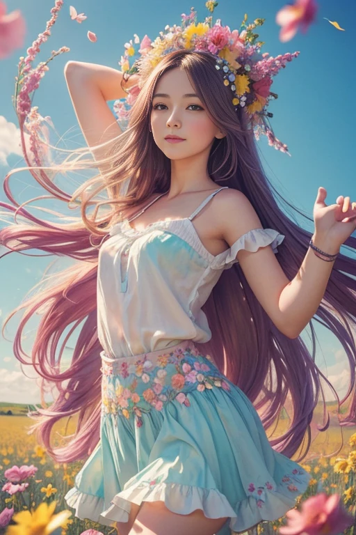 A whimsical girl with long, flowing hair made of flowers, dancing in a field of vibrant colors. Rendered in a dreamy, watercolor style.