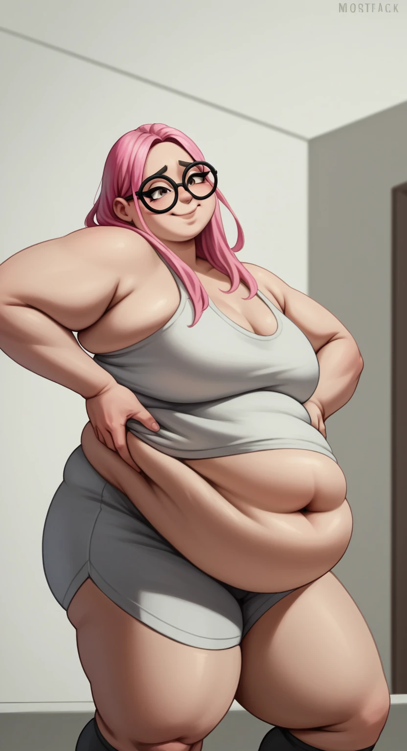 Sunkissed skin all over, Thicc, extremely morbidly obese, pink hair, ((wearing)), black 50s glasses, white tanktop, black leggings, voluptuous, feminine boy, femboy, perfect hands, perfect face, smile, (anatomically correct), (Perfect/ realistic proportions:1.2), (overwhelmingly fat arms, obese face), hands grabbing belly, ((extremely widest hips possible!)), ((extremely massive thick thighs, morbidly large belly), belly overhang!)), (1080P, 4k UHD, Masterpiece:2.1!) ((single)), background: tilted towers_fortnite