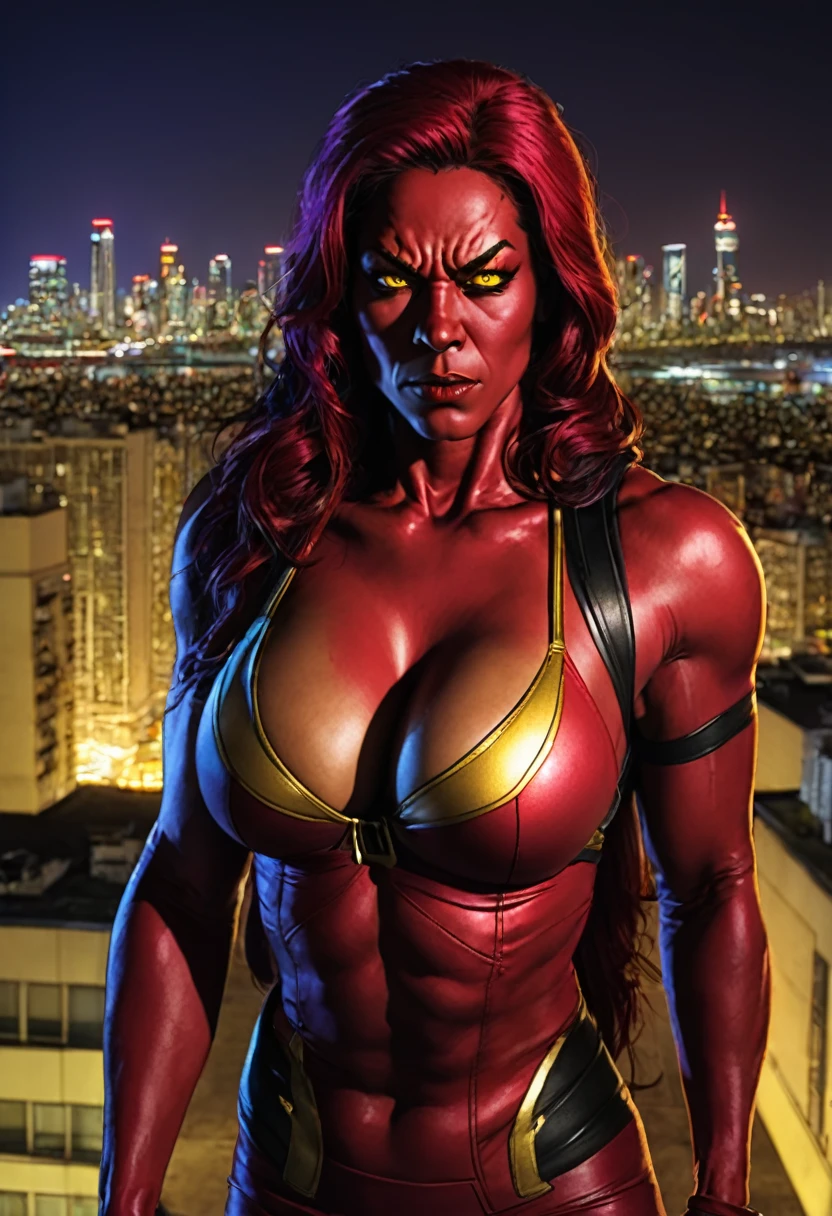 RedSheHulk, yellow eyes, red skin, 
cityscape, night,  
smug,