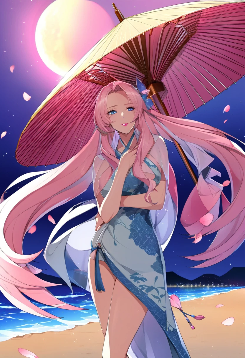 Panel anime manhwa human fairy princess of nature: Elegant mature woman with long light pink hair and light blue eyes, with beach clothes, with Chinese umbrella with pink petals design, with pink lipstick. on a beach with a summer night sky with a bright moon.