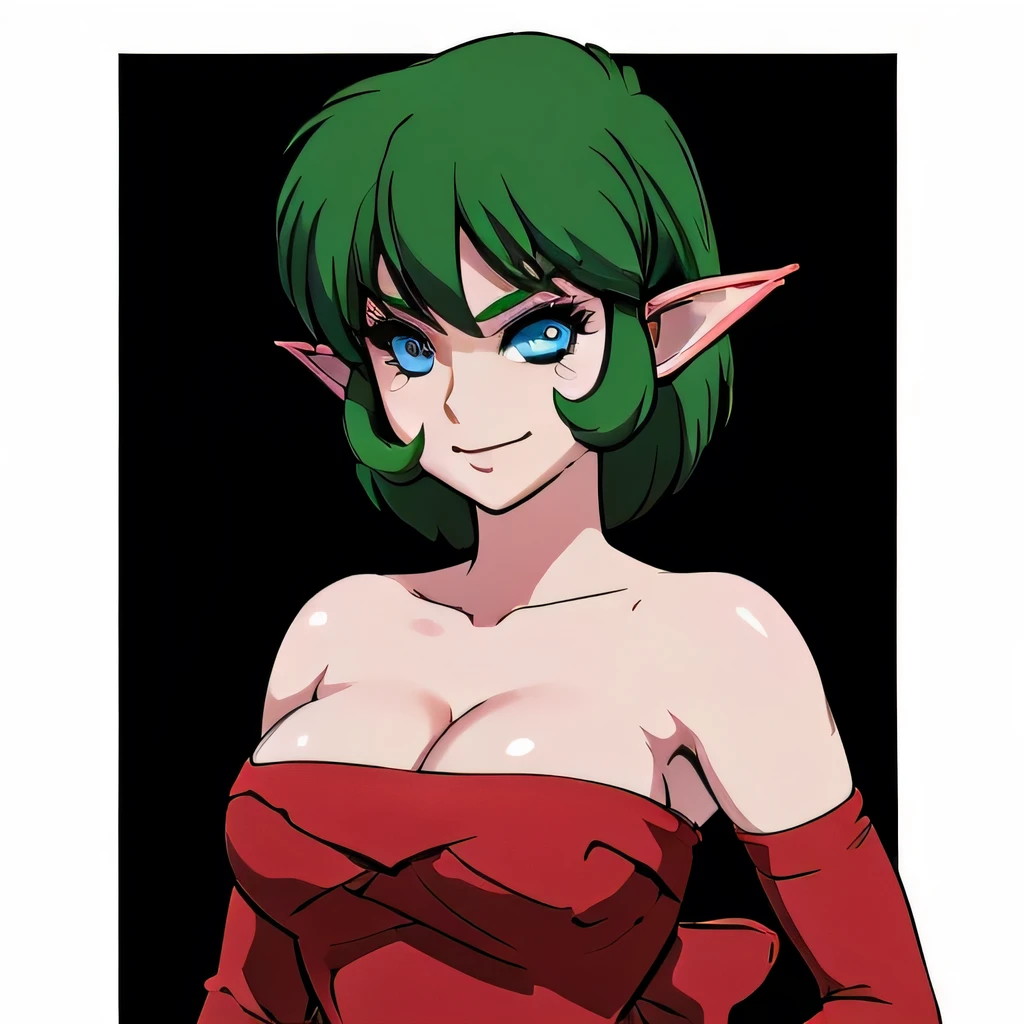  ((masterpiece,best quality,ultra-delicate,Perfect Face,16k,high resolution,very beautiful girl)),medium short green hair,Red strapless bodycon tube dress ,Red long arm sleeves,red high heels,Elf Girl,large Breasts,blue eyes,Beautiful smile,20 years old,cowboy shot