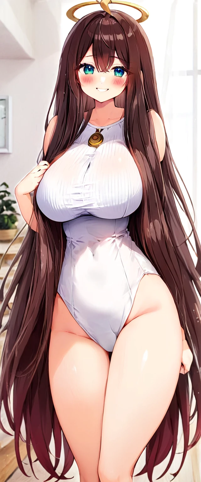 cute girl, super long hair, dark hair, big hair, thick hair, big breasts, big butt, hourglass body, emphasis on hair, emphasis on eyes, emphasis on face, blush, smile, 