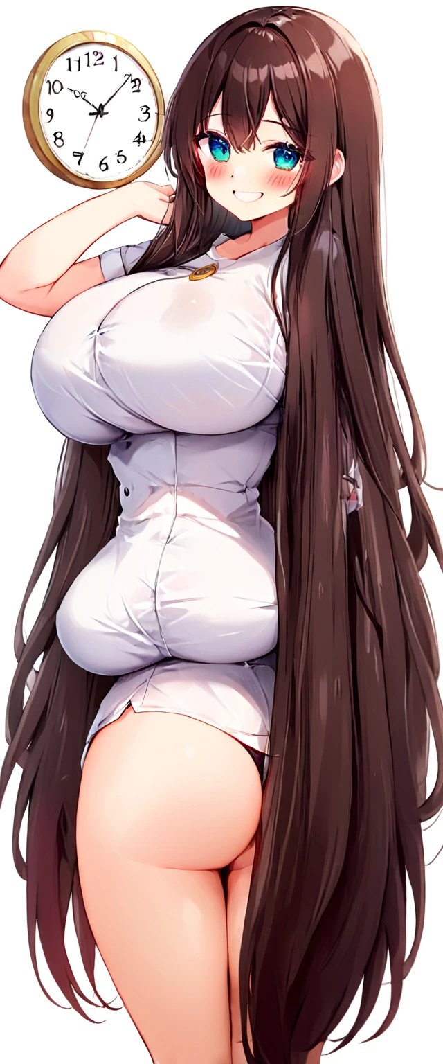 cute girl, super long hair, dark hair, big hair, thick hair, big breasts, big butt, hourglass body, emphasis on hair, emphasis on eyes, emphasis on face, blush, smile,