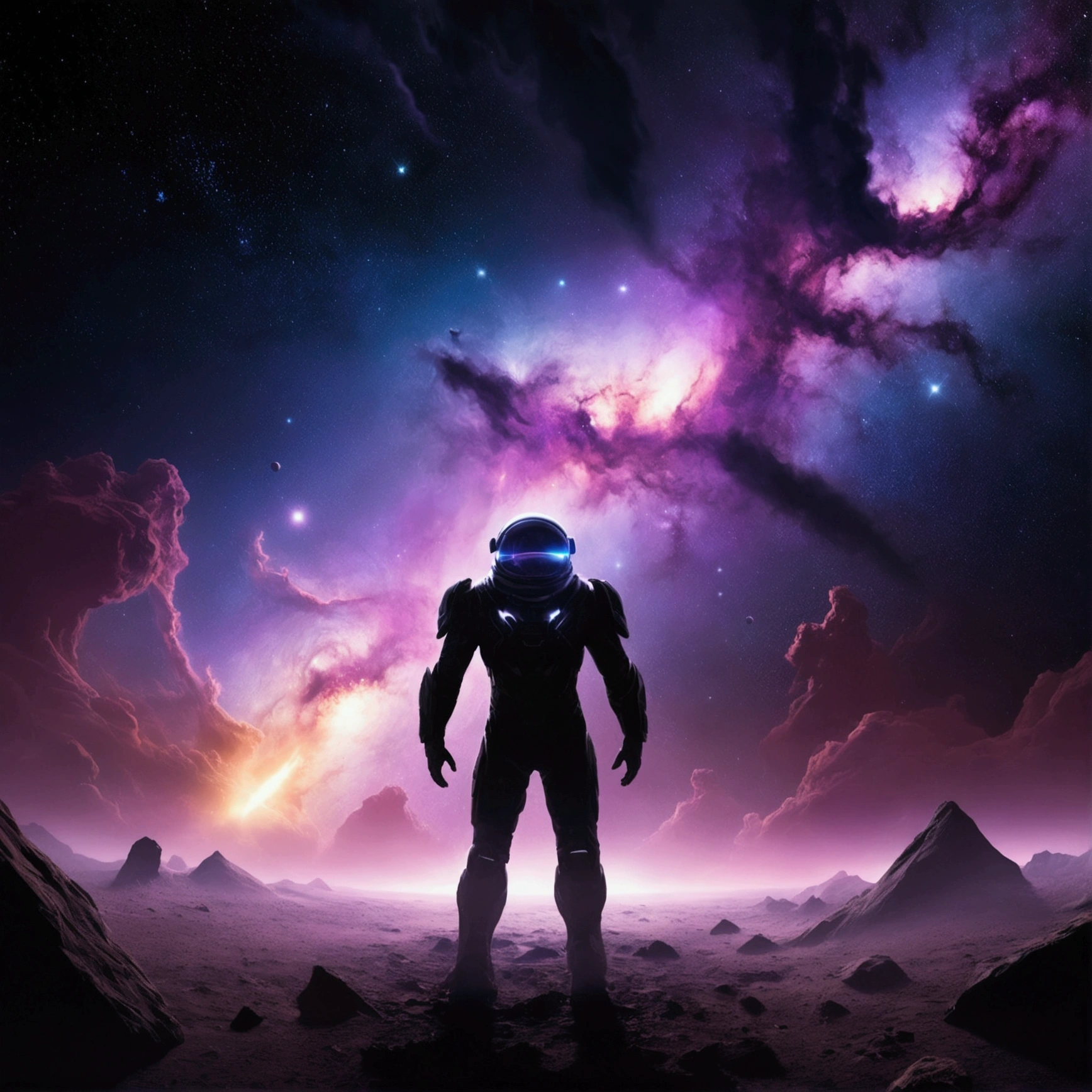 shadow of a space creature in front of a nebula in the middle of a galaxy, science fiction illustration, thunder, roxo e preto