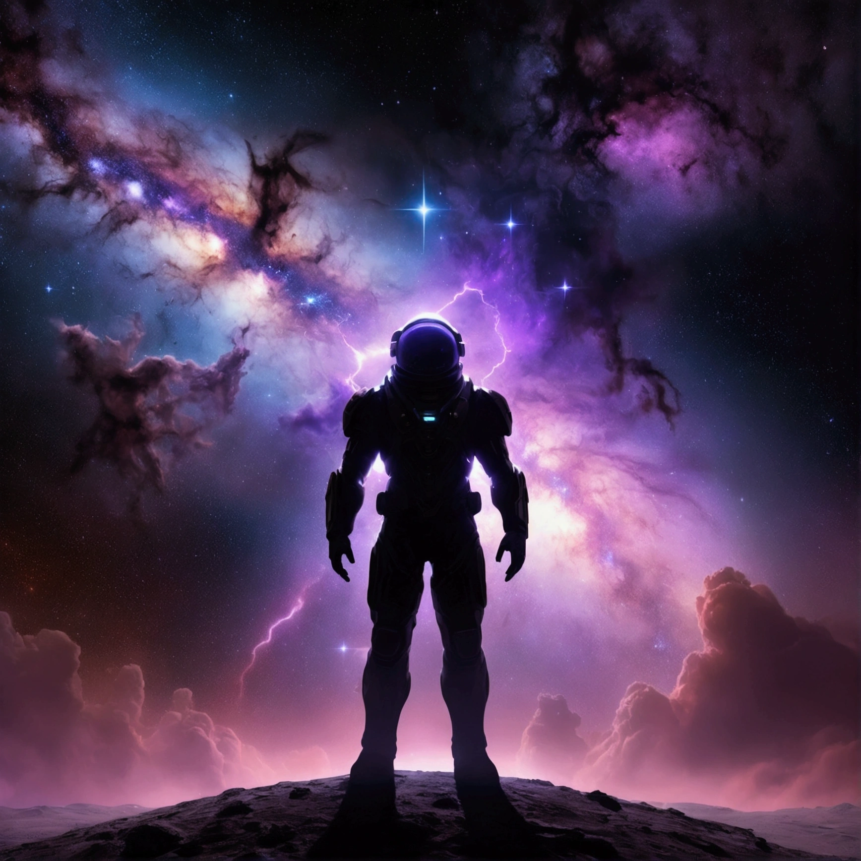 shadow of a space creature in front of a nebula in the middle of a galaxy, science fiction illustration, thunder, roxo e preto