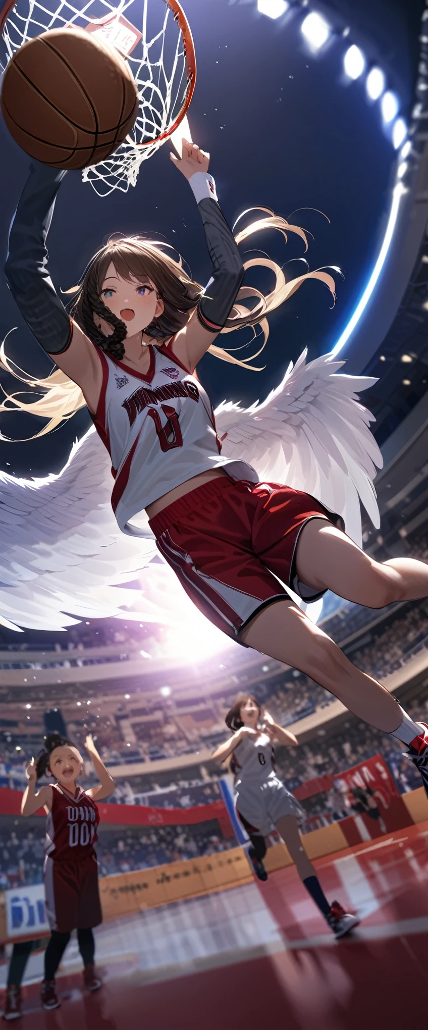 quality\(8k,wallpaper of extremely detailed CG unit, masterpiece,hight resolution,top-quality,top-quality real texture skin,hyper realisitic,increase the resolution,RAW photos,best qualtiy,highly detailed,the wallpaper,cinematic lighting,ray trace,golden ratio\), BREAK ,1girl\(hanging at basketball_ring\((dunk_shoot\((winning_dunk:1.5)\):1.5)\),beautiful, sweaty, breast,jumping high,muscularity, basketball uniform, basketball shoes, tall, black skin, dreadlocks,white wings on back\), 6+girl\(teammates,American, basketball uniform, basketball shoes, running to her\(great joy,excited\)\), (digital_timer says '00:00':1.6), from below, dynamic pose, dynamic angle, basketball coat,studium\(United Center\), many excited spectators,(stadium shaking with loud cheers:1.3),very historical photo,The Pulitzer Prize photo,photo\(high_speed_shutter\)