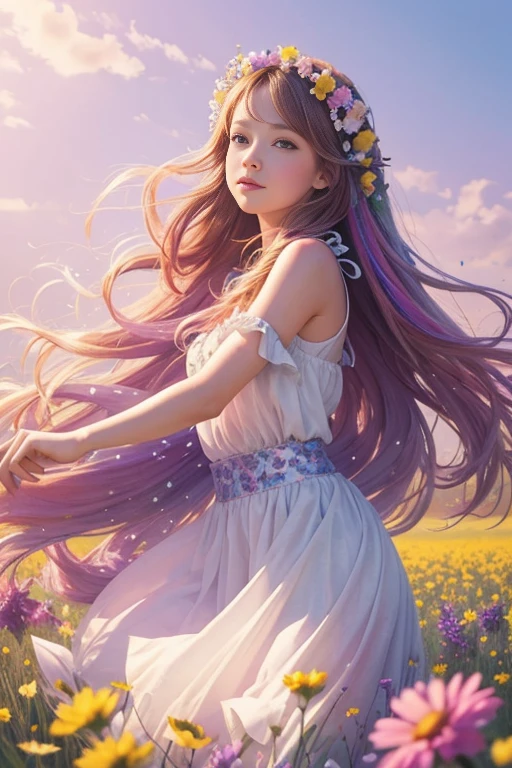 A whimsical girl with long, flowing hair made of flowers, dancing in a field of vibrant colors. Rendered in a dreamy, watercolor style.