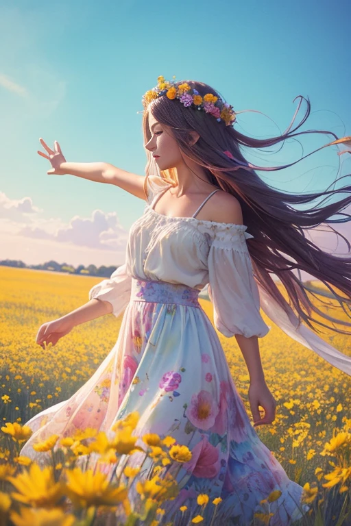 A whimsical girl with long, flowing hair made of flowers, dancing in a field of vibrant colors. Rendered in a dreamy, watercolor style.