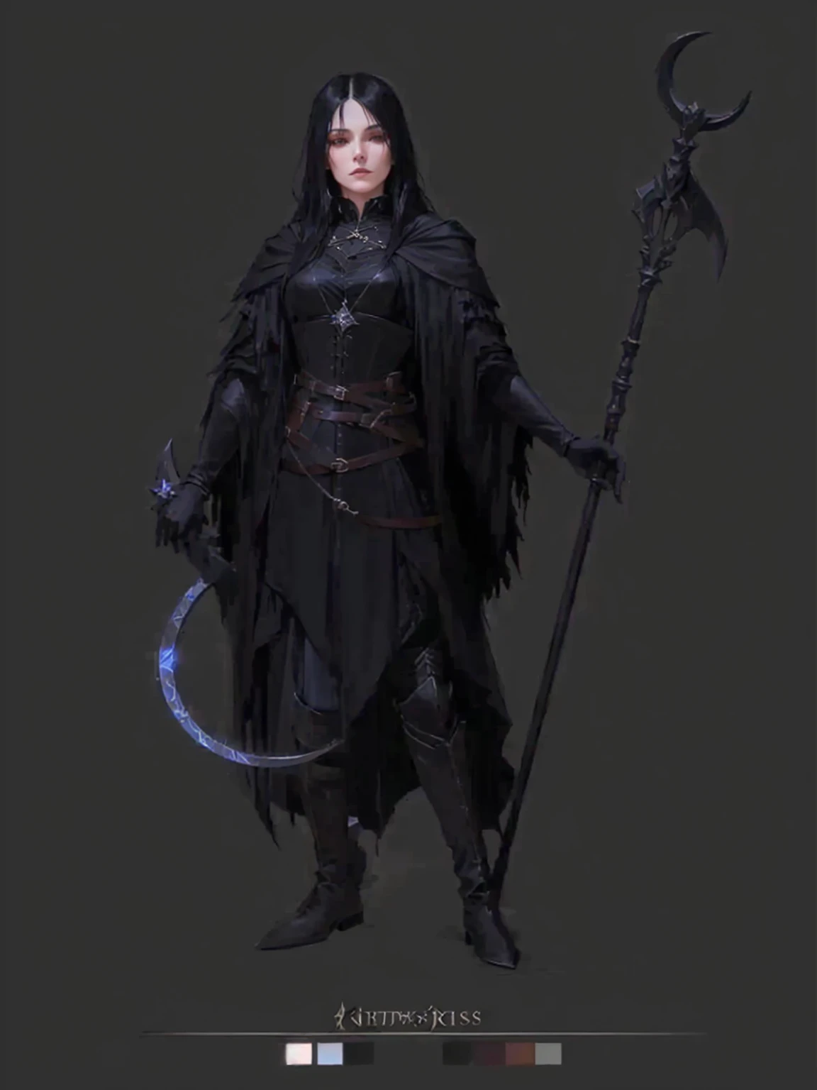 full length, thin sorceress with black hair, in medieval black clothes (The Wizard's Mantle, a corset, belts, silver jewelry on the neck, high leather boots), holding a sickle in one hand, in another staff with a crescent-shaped pommel