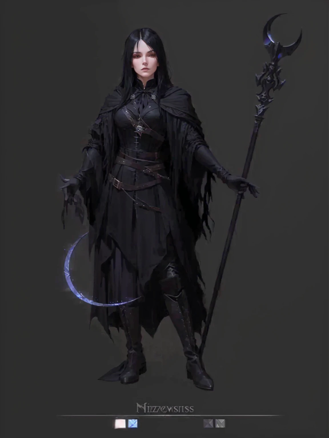 full length, thin sorceress with black hair, in medieval black clothes (The Wizard's Mantle, a corset, belts, silver jewelry on the neck, high leather boots), holding a sickle in one hand, in another staff with a crescent-shaped pommel