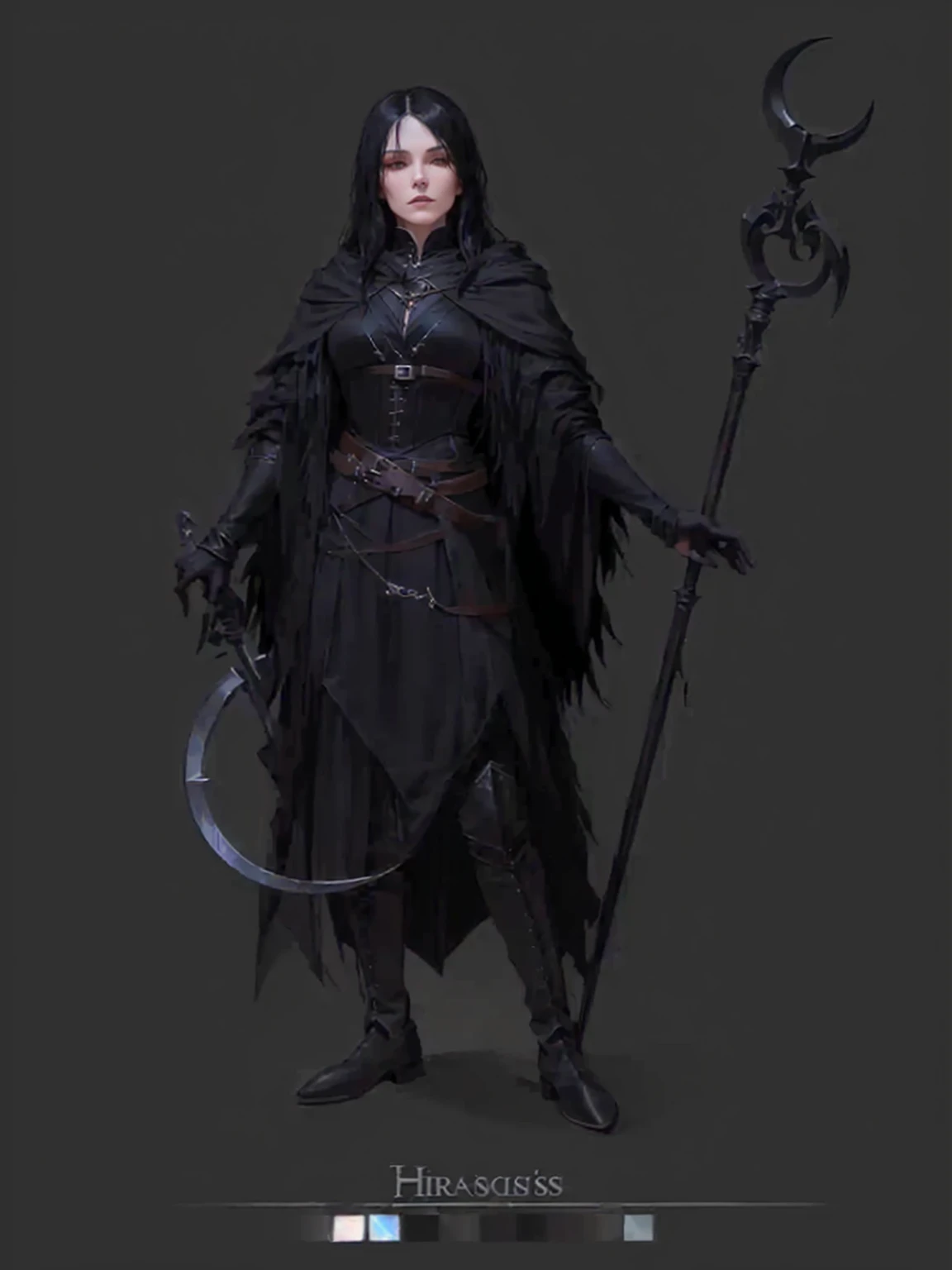 full length, thin sorceress with black hair, in medieval black clothes (The Wizard's Mantle, a corset, belts, silver jewelry on the neck, high leather boots), holding a sickle in one hand, in another staff with a crescent-shaped pommel