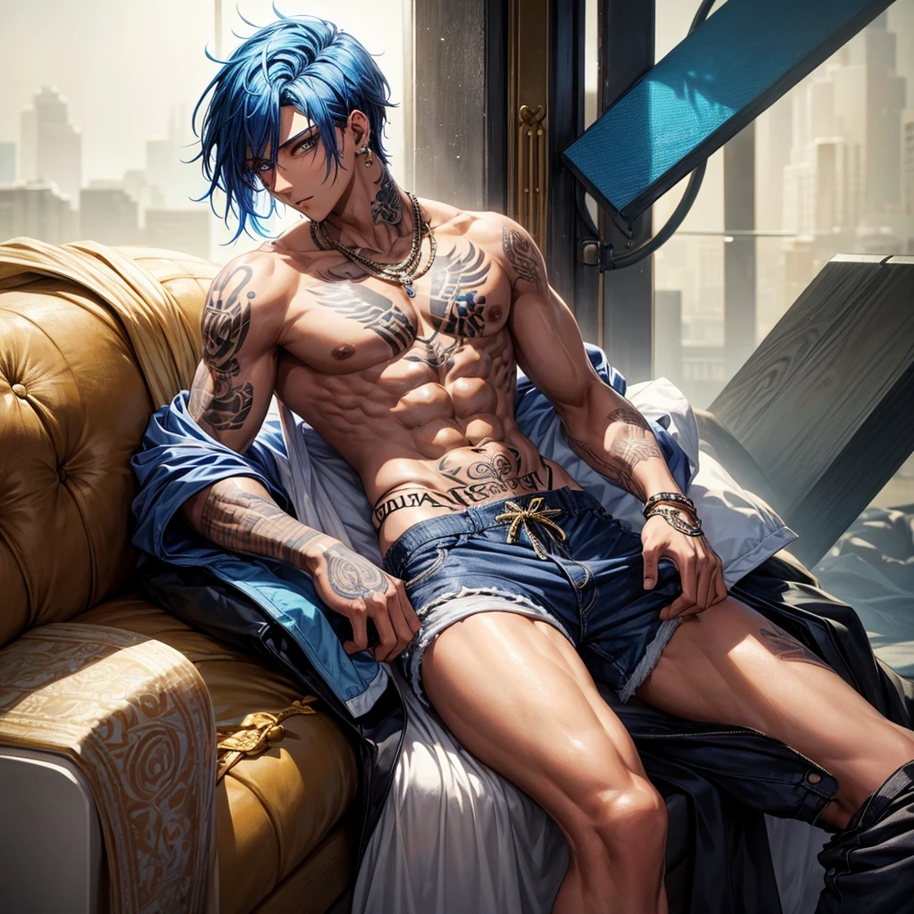 a hansome man with blue hair, black eyes and golden skin. he is 25 years old. he wears shorts and is bare chest. he has tattoos and piercings.