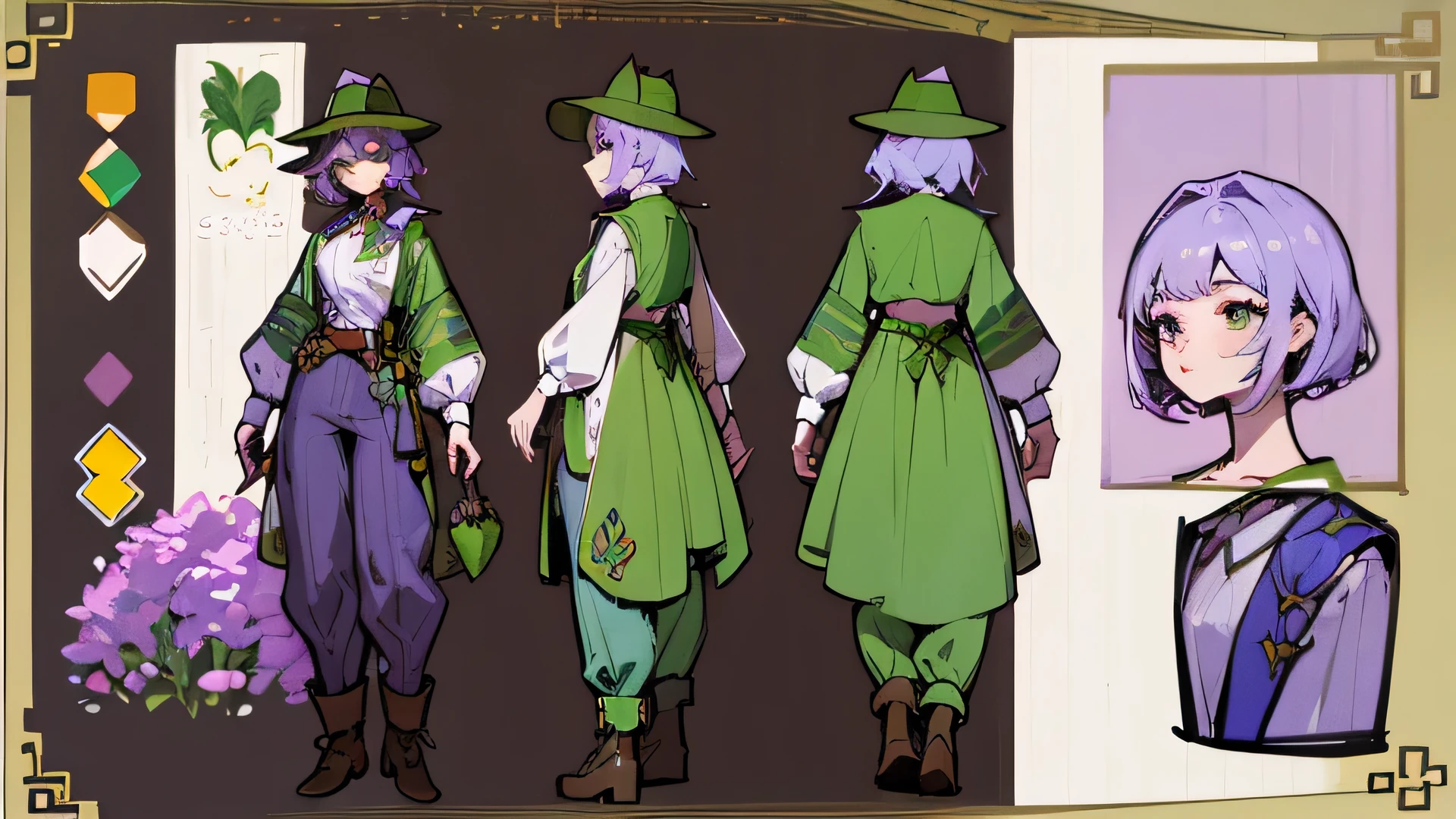 (Masterpiece, best quality), detailed, 1 gardener woman, ((character concept art)), ((character design sheet, reference sheet, same character, front, side, back)), full body, body complete, 1 gardener female, 1 gardener women. Character design sheet full body, Highly detailed, character sheet, character design, Many parts, pale skin, green eyes, short purple hair, male hairstyle, short male hair, lavender flower, lavender flower reference, lavender flower character reference, lavender flower inspired, flat chest, garden hat, gardening hat, pants, Ecofashion, Ecopunk, Ecology, Earthy clothing, gardening clothing, gardening, garden, Solarpunk, Solarpunk reference, Solarpunk inspired, cottagecore aesthetic, cottagecore, pants, gold details, pastel purple, green and brown color palette for the clothes.