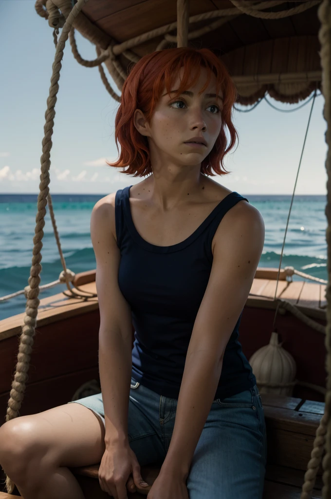 emilyrudd, nami, a woman with red hair on a wooden boat 